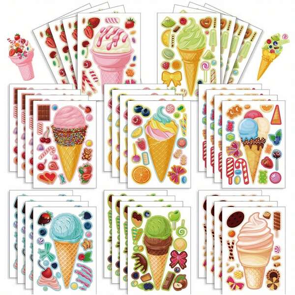8pcs/16pcs Cute Cartoon Ice Cream Stickers, DIY Dress Up Stickers, Self-Made Sticker Art, Holiday Party Gift Bag Filler, Toy Stickers, Birthday Gift