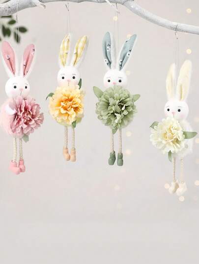 四件套复活节兔子挂饰——花裙和布艺耳朵设计，粉彩兔子装饰，配有编织绳腿和挂环，可用于装饰圣诞树、花环、壁炉架、窗户和春季派对，为您的复活节庆祝活动增添精致的粉彩魅力，也是送给孩子和复活节爱好者的理想礼物。