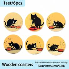 6-Piece Set Of Heat-Insulating Wooden Coasters With Cute Black Cat Design, Suitable For Home, Office, And Party Drinks, High-Quality Coasters, Perfect Holiday Gift - Wooden Board-circle Coaster - View 9