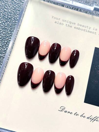 10pcs Short Oval Fake Nails With Nude Pink Base & Deep Wine Red French Gradient Design Classic Retro Style 100% Handmade Press On Acrylic Nails Reusable Nail Supplies Including 1pc Jelly Glue,1pc Stick And 1pc Nail File For Women's Daily Or Party Wear