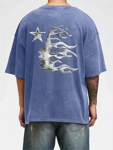 Men's Printed Pattern Washed T-Shirt - Casual Loose Summer T-Shirt With Star And Flame Design, Adult Brown 100% Pure Cotton Round Neck Shirt, Breathable T-Shirt | Avant-Garde Casual Wear | 100% Pure Cotton Printed T-Shirt - 寶藍色 - 查看 3