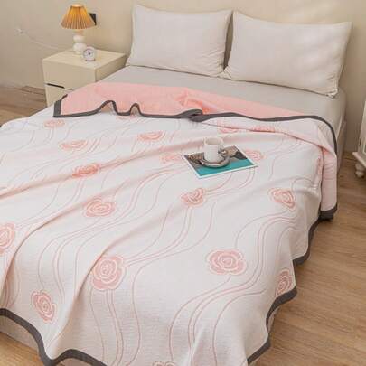 1件装三层纱布棉夏季被/空调被，简约花卉格纹图案，全羽绒棉填充，包边设计，适用于卧室、客厅，可机洗