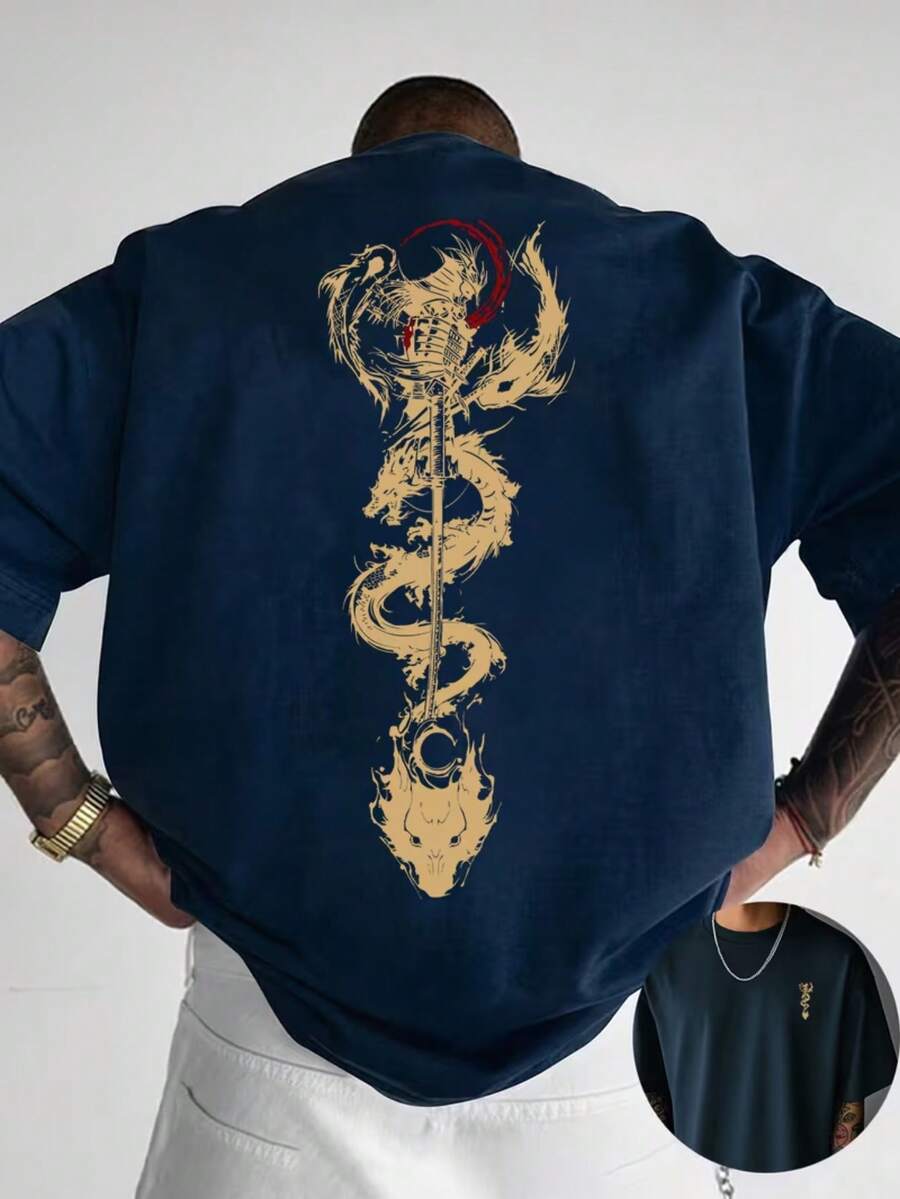 Japanese Elements T-Shirt, Unisex Men's And Women's Blouse, 100% Cotton, Premium Top Streetwear, New Arrivals, Immediate Shipping, Various Colors!! Plus Size - 藏蓝色 - 查看 1