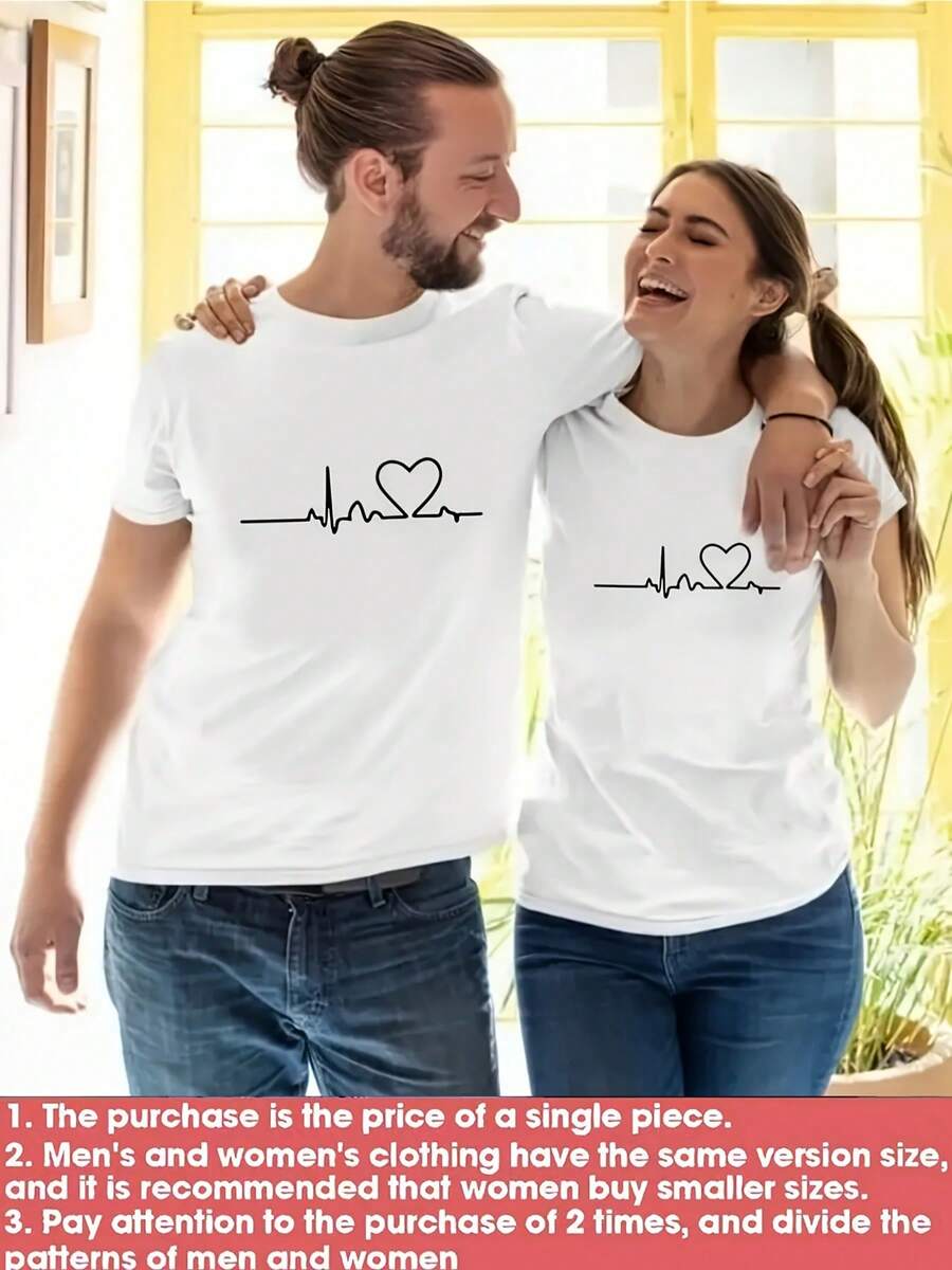 1pc Heart And Wave Line Graphic Print Men'S Novelty Graphic Tee | Summer Casual Comfort T-Shirt, Crew Neck, Slight Stretch Fabric, Regular Fit, Perfect For Adult, Vintage Style, Ideal For Daily Activities And Valentine'S Day Gift - 1件 女士白色 - 查看 1