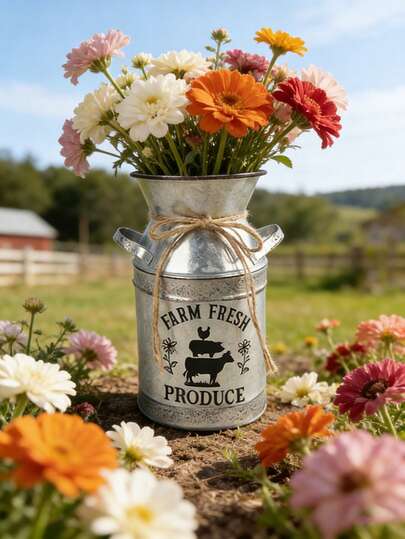 18.8cm High Galvanized Iron Vase, 180g. Vintage Rustic Farmhouse Style, Suitable For Various Floral Arrangements, Applicable For Kitchen And Dining Area Decor