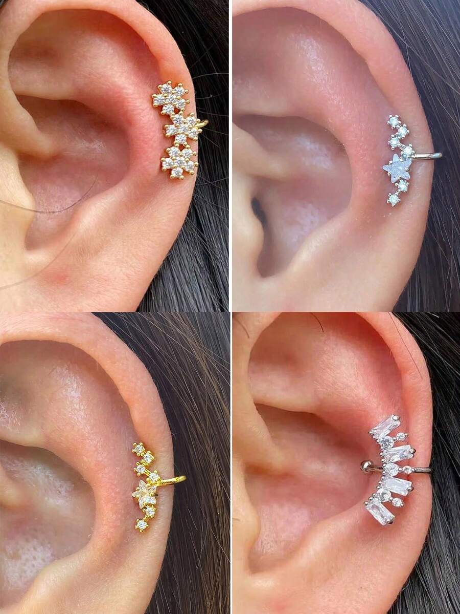 一对优雅时尚的18K镀金闪亮立方氧化锆樱花几何银色耳夹耳环，女士无耳洞星形花朵耳夹耳环，假耳骨耳环，婚礼派对日常首饰，可调节 - 金色 - 查看 1