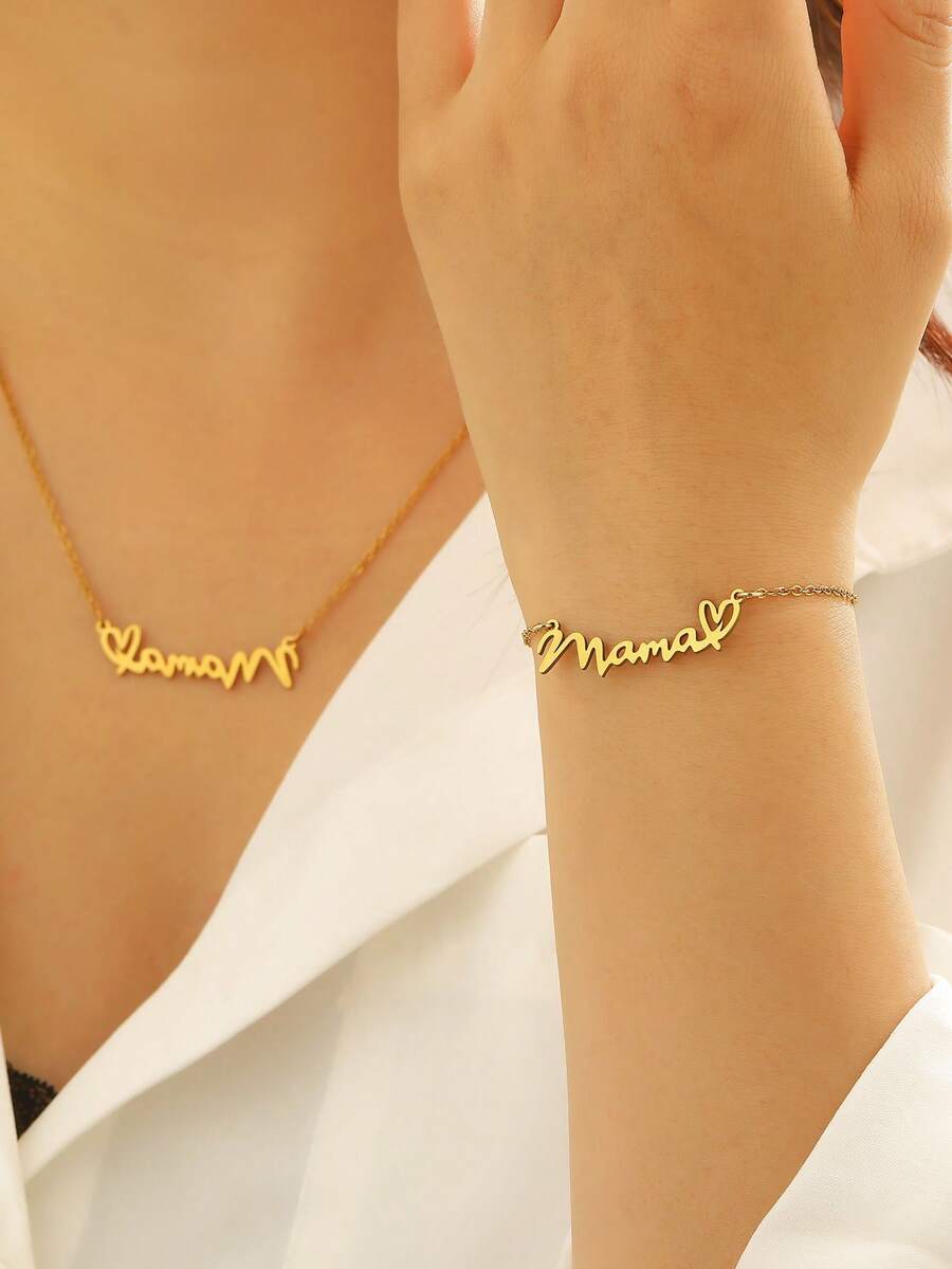 Minimalist Fashion Stainless Steel Jewelry Set, "Mom" Letter Pendant Necklace And Bracelet, Perfect Mother's Day Gift, Jewelry Accessories