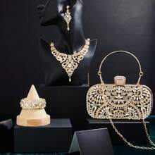 Quelay 4 Pcs Purse Rhines Jewelry Set Evening Clutch Bag Bling Crystal Necklace Dane Earrings Bracelets Accessories - Oro, negro - Ver 1