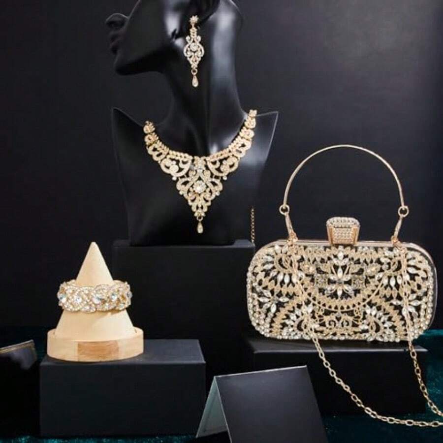Quelay 4 Pcs Purse Rhines Jewelry Set Evening Clutch Bag Bling Crystal Necklace Dane Earrings Bracelets Accessories - Oro, negro - Ver 1