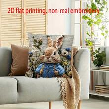 1pc Rabbit Decorative Pillow Cover, 2D Printed Not Embroidered, Vintage Rabbit & Floral Pattern, Zipper Closure Plush-Like Cushion Cover, Suitable For Bedroom Decor | Vintage Style | Easter Decor, Machine Washable For All Seasons, Fits Sofa, Bed, Car Seat - Multicolor - View 5