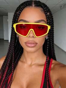 1pc Oversized European & American Style Fashion Shield Fashion Glasses, Personalized Glasses For Outdoor, Travel, Driving, Beach Outfit Accessory - Yellow - View 4