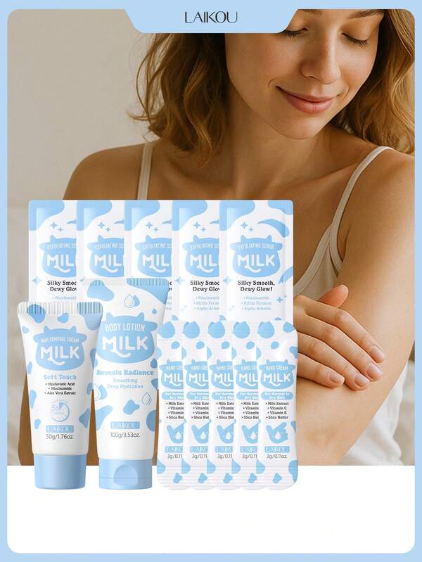 1 set Cuidado corporal hidratante y calmante LAIKOU, (Loción corporal 100g + Crema depilatoria de leche 50g + Crema de manos de leche 3g*5 + Exfoliante de leche 3g*5) Mejora la complexión general, limpieza básica, fragancia duradera, cuidado personal spa, maquillaje, esencial de viaje fácil de llevar