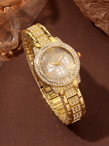 6件套时尚女士石英表，简约百搭，奢华全钻圆形表盘，金色合金钢表带，搭配心形钻石手链、项链、耳环、戒指和首饰组合套装，适合日常和节日佩戴，送给闺蜜、女士或冬季礼物的理想之选。 - 金色 - 查看 2