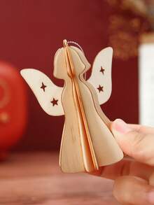 1pc Simple Wooden 3D Puzzle Hanging Ornament, Includes Wooden Star, Heart And Christmas Tree Shapes, For Christmas Scene Decoration - Beige - View 8