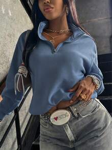 Women's Solid Color Drop Shoulder Long Sleeve Zip-Up Half Placket Casual Hoodie,Summer/Spring - 藍色*新春升級款 - 查看 2