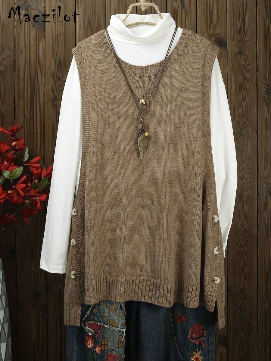 Débardeur sans manches à col rond et boutons, couleur unie, style urbain à la mode - Kaki - Voir 1