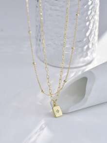 Set de 2 collares con colgante geométrico rectangular dorado con microincrustraciones de circonita y estallido de estrella, con cadena de cuentas y cadena de clip de papel para mujeres (cantidad aleatoria de cierres de cadena) (cantidad aleatoria de cuentas) - Amarillo Oro - Ver 5