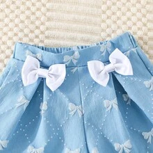 Girls' Light Blue Bow Outfit - Sleeveless Blouse With Collar + Bow Shorts, Cute Sweet 2 Pieces Set - Mint Blue - View 8