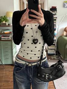 Sexy Polka Dot Print 2 In 1 Long Sleeve Cropped Camisole Knit Top For Women - Black - View 8
