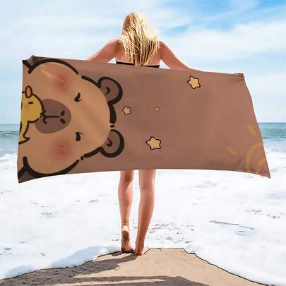 1pc Adorable Capybara & Stars Beach Towel - Ultra-Soft, Quick-Dry Polyester, High Absorbency 59x30in - Lightweight & Perfect For Travel, Swimming, Camping - Ideal For Adults & Teens, Beach Accessories