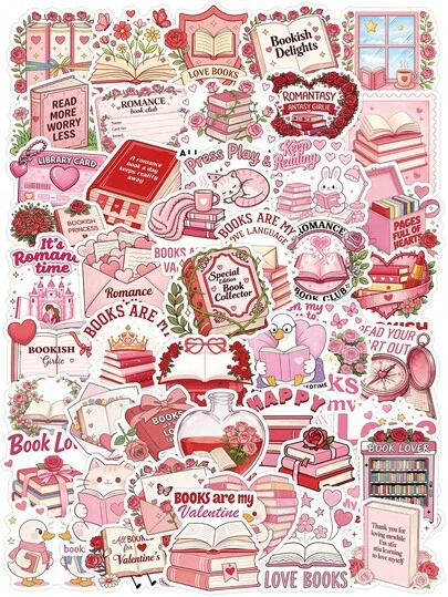 52pcs Pink Warm Book Themed Stickers, Containing Library And Romantic Elements, Suitable For Book Lovers, Can Be Stuck On Phone Cases And Water Bottles