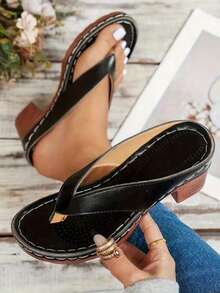 Women's Wood Heel Thong Sandals - Retro Elegant Comfort Shoes For Daily Wear  Black Wood Heel Thong Sandals - Retro Casual Shoes For Women  Comfortable Wood Heel Thong Sandals - Retro Shoes For Outings & Dates  Everyday Wood Heel Thong Sandals - Retro Elegant Comfort Casual Shoes Plus Size Wood Heel Thong Sandals - Retro Comfort Casual Shoes - 黑色 - 查看 1