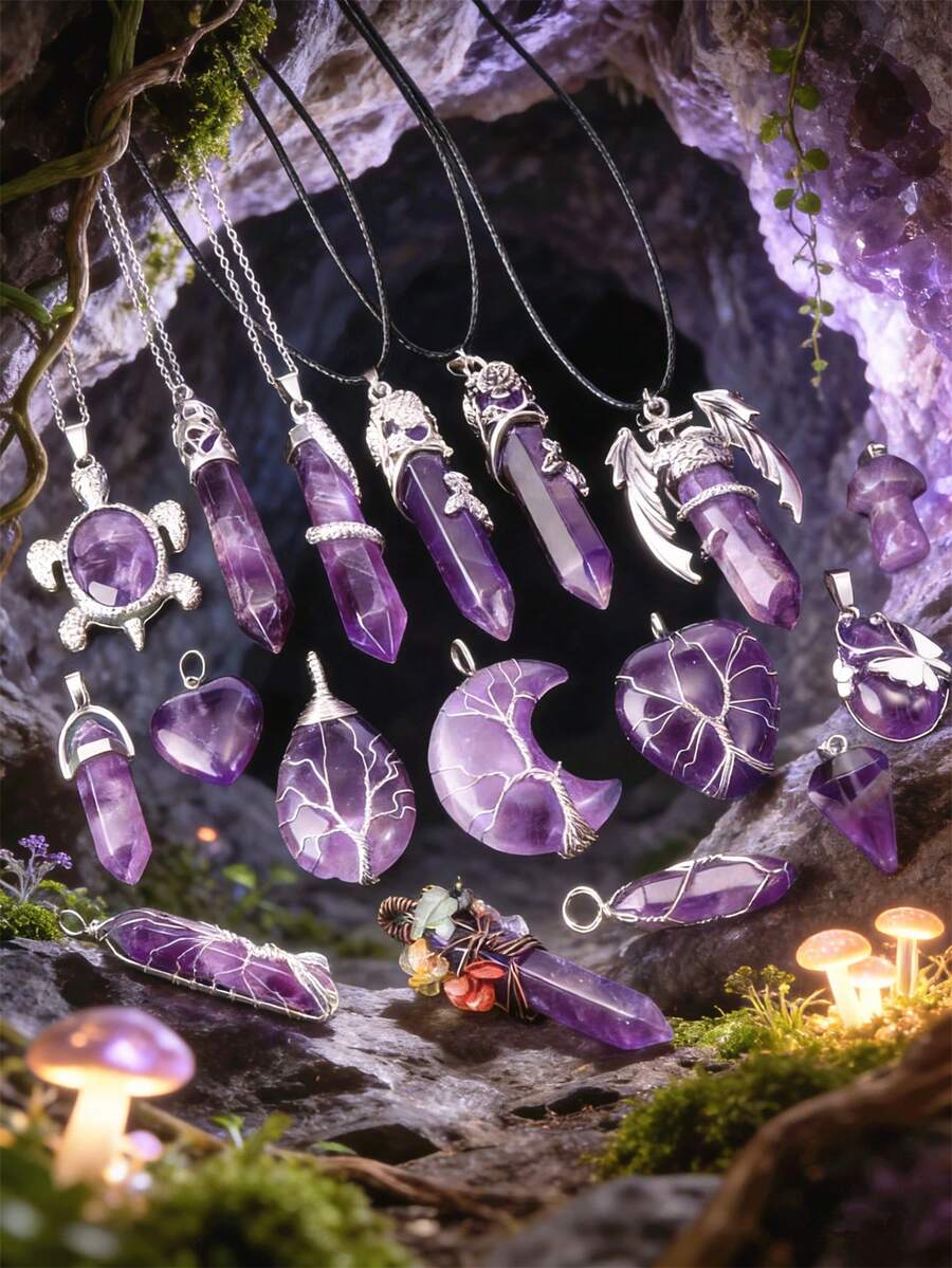 1pc Natural Amethyst Spiritual Tree Of Life Necklace - Hexagon Wrapped Heart Pendant To Enhance Energy; Healing Crystal, Ideal For Men And Women - Purple - View 1