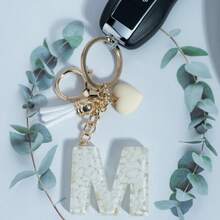 Shiny Marble Texture Uppercase English Resin Letter Set (26 Letters), 18K Gold Plated Lobster Clasp Chain Flat Ring 3 Pieces Set, Fashionable & Casual, Can Be Used As Cup Chain, Bag Chain, Phone Hanging Chain, Perfect For Birthday, Christmas Gifts, Car Accessories, Bag Charms, Campus Style, Gothic Style, Y2K Style - Beige - View 6
