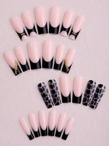 24片长方形豹纹法式美甲贴片，饰有豹纹元素和金色珠饰，包含：1片果冻胶和1个指甲锉，适合女性和女孩日常佩戴、锐舞派对等场合。 - 彩色 - 查看 3
