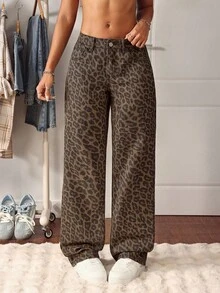 复古街头风豹纹印花女士牛仔裤，时尚大胆的设计，适合狂欢节、舞台表演、派对、约会之夜、旅行等休闲场合。 - 豹紋 - 查看 4