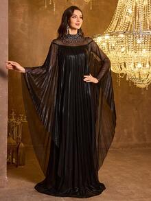 SUPGIR 女士立领串珠亮片拼接薄纱修身晚礼服 - 黑色 - 查看 7