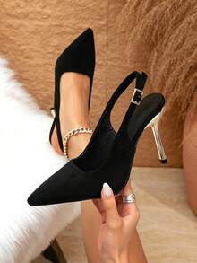 女士尖头高跟凉鞋，法式百搭连衣裙，镂空鞋头，适合春夏秋季穿着 - 黑色 - 查看 1