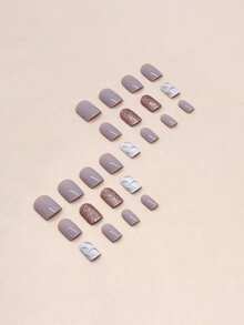 24pcs Short Square Nail Stickers, French Smoky Eyeshadow Glitter Striped Nail Stickers, Minimalist & Sweet Design, Full Coverage Easy Application, Suitable For Women & Girls For Daily Use And Outings Nail Supplies - Multicolor - View 3