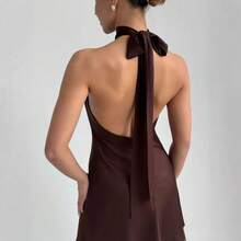 Nuevo vestido corto de mujer de unicolor con cuello halter, sin mangas y ajuste globo - Café - Ver 3