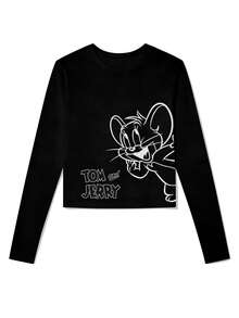 SHEIN X Tom & Jerry 女款可愛卡通印花長袖T恤 - 展現可愛風格，適合日常休閒穿著，黑色 - 黑色 - 查看 3