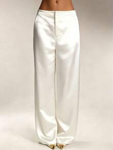 Quần dài nữ bằng lụa satin màu trơn có túi và khóa kéo, thích hợp cho kỳ nghỉ, công sở, tiệc trưa, trang phục sân bay, mọi mùa, màu trắng mùa xuân. - trắng - Xem 4