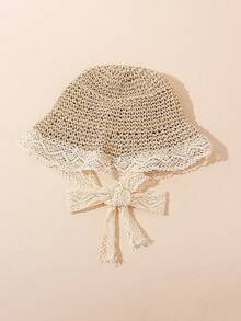 1pc Kids Breathable Lace Trim Bow Sun Hat, Outdoor Beach UV Protection Hat - Beige-lace - View 4