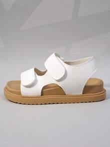 1 Pair Little Boys' Shoes With White Geometric Hollow Out Double Straps, Comfortable Material With Exposed Toes, Double Straps With Buckles, Thick Sole, Lightweight, Anti Slip, Breathable, Casual, Daily Style Sandals, Family Gatherings/Weekend Outings - White - View 8