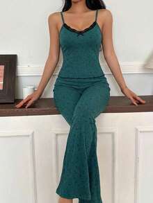 Contrast Lace Detailed Relax Sexy PJ Set - Teal Blue - View 4