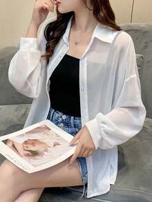 Camisa de mujer Chaqueta ligera de protección solar para mujer estilo hada, manga larga, nueva temporada primavera-verano, en colores negro y blanco, suelta y versátil, de gasa fina ... - Blanco - Ver 4