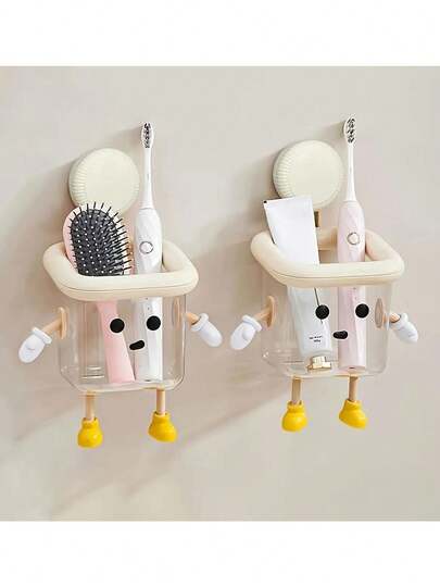 2pcs Cute Toothbrush Holder, Wall Mounted Suction Cup Bathroom Organizer, Transparent Multi-Function Storage Box For Kitchen, Bathroom Accessories, Sponge, Skincare, Washcloth Etc.