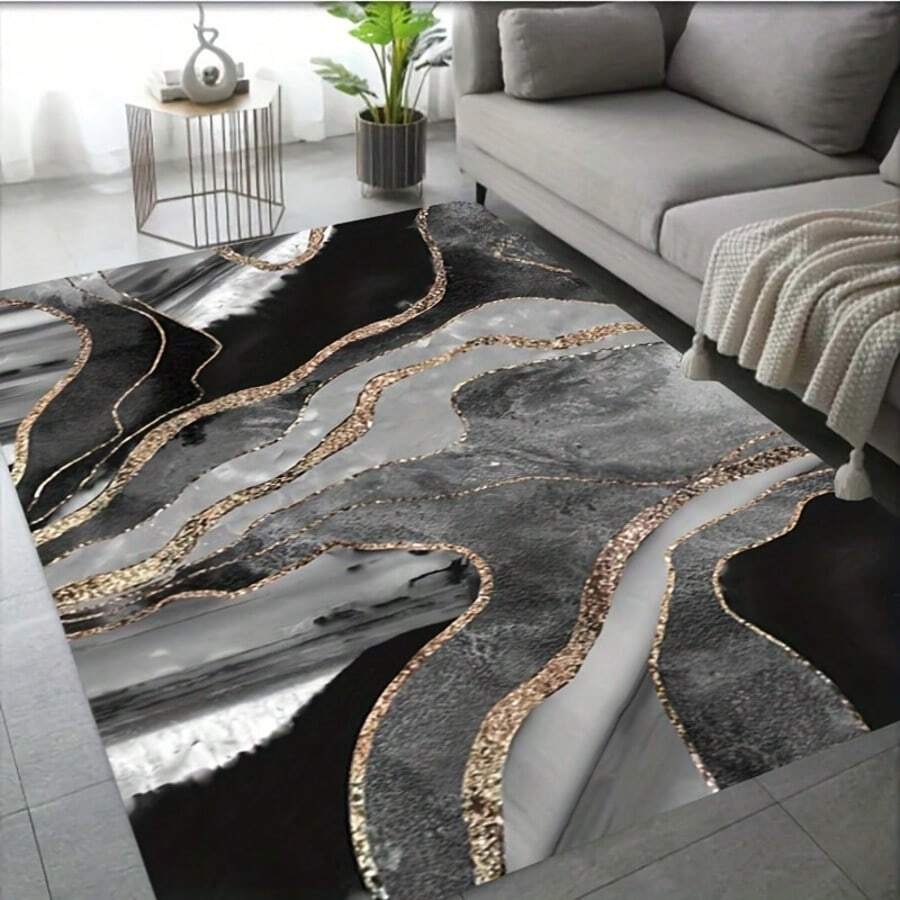 1pc Luxury Black Gray Gold Fluid Marble Texture Carpet, Elegant Gold Vein Abstract Decorative Floor Mat, Modern High-End Carpet For Living Room, Office, Dorm - Durable Indoor Rug, High-Quality Fabric, Carpet, Living Room Carpet, Bedroom Carpet, Decorative Carpet, Holiday Decorative Carpet, Indoor Carpet, Doormat - 1PC - View 1