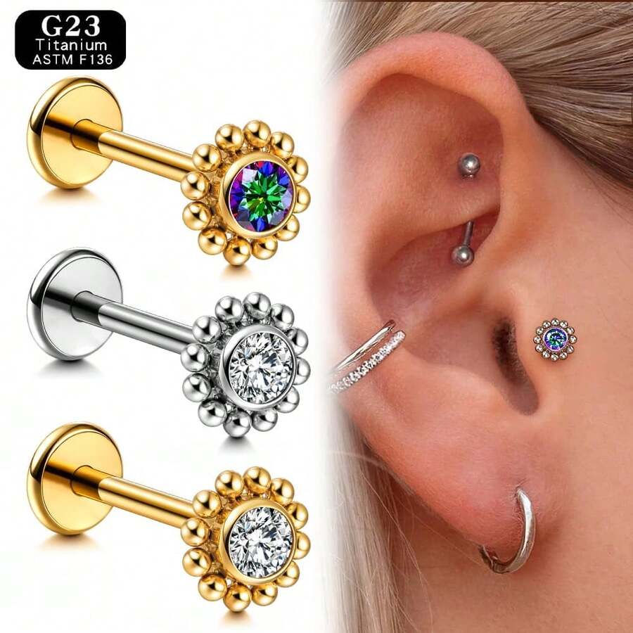 1 pieza Giga Piercing de titanio ASTM F136 de 16G con mini cuentas, pendiente sin rosca con flor de circonita cúbica en la parte posterior plana para tragus, cartílago, hélice, concha y nariz para mujeres, clásico - Dorado - Ver 1