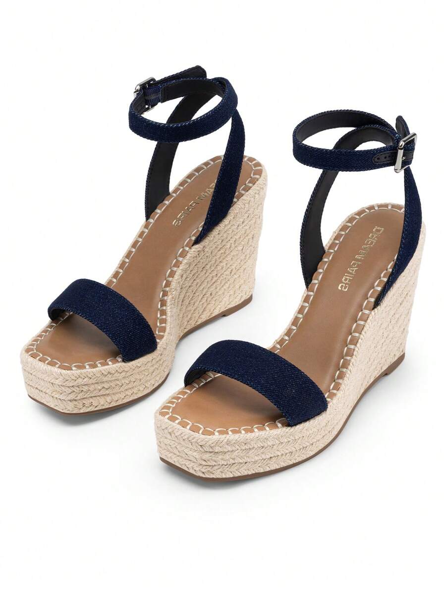 Women's Espadrille Wooden Heeled Wedge 4.17-Inch Platform Sandals Open Toe Adjustable Buckle Ankle Strap Comfortable Fashion Dressy Summer Shoes - Màu xanh hải quân - Xem 1