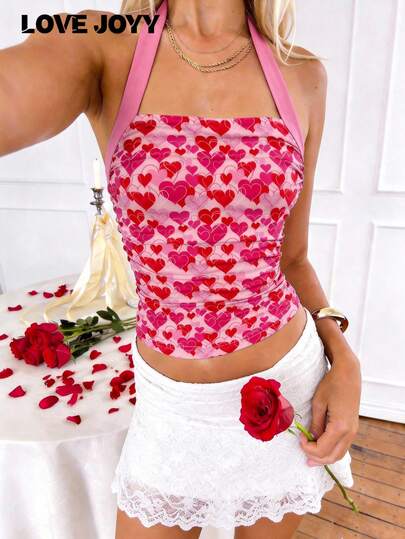 LOVE JOYY Women's Heart Print Halter Neck Vest, A Sweet And Spicy Y2K Style Fitted Tank Top, Perfect For Valentine's Day, Dates, And Summer Parties