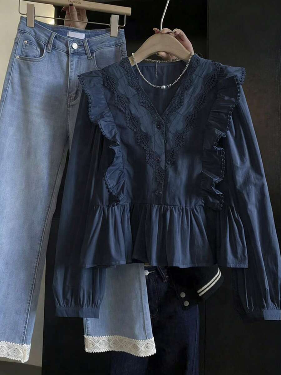 ii Casual Solid Color Lace Patchwork Ruffle Trim Long Sleeve Blouse Spring