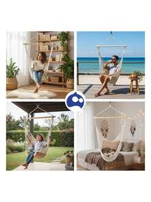 Hamaca Colgante de Algodón con Soporte de Madera, Capacidad 150 kg, Ideal para Interior y Exterior (Incluye Accesorios de Fijación). Bluelander - Beis - Ver 5