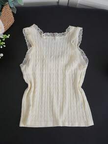 Sexy Lace Trim Fitted Camisole Top, Cropped Length, Bowknot Accent, Suitable For Summer Layering Or Outerwear - Apricot - View 7
