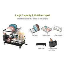 Abtropfgestell mit Drainageplatte, Doppelschichtiger Abtropfgestell Geschirr, Geschirrabtropfgestell mit Besteck- und Becherhalter - Schwarz - Übersicht 7