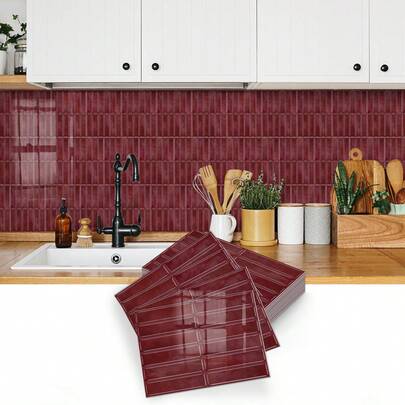 6.7" X 9" Red Wood Grain Self-Adhesive Wall Sticker, Waterproof PE Foam Panel Wallpaper With Glossy PET Film, Suitable For Kitchen Backsplash, Bathroom Decor
